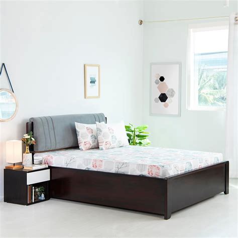 FURLENCO Blaze Solid Wood Hydraulic Storage Queen Bed in Walnut Finish ...