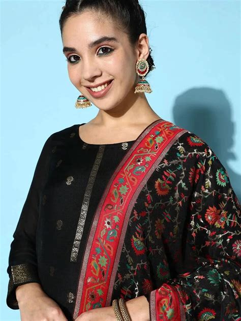 Buy Black Self Design Silk Blend Straight Kurta With Dupatta Online at ...