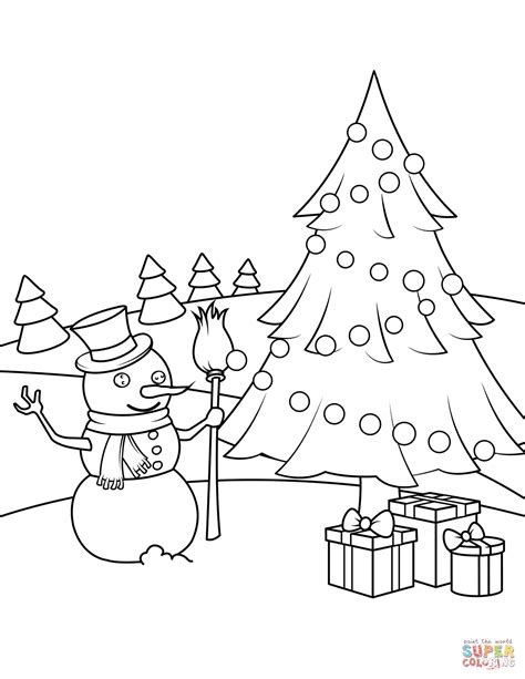 Snowman, Christmas Tree and Presents coloring page | Free Printable ...