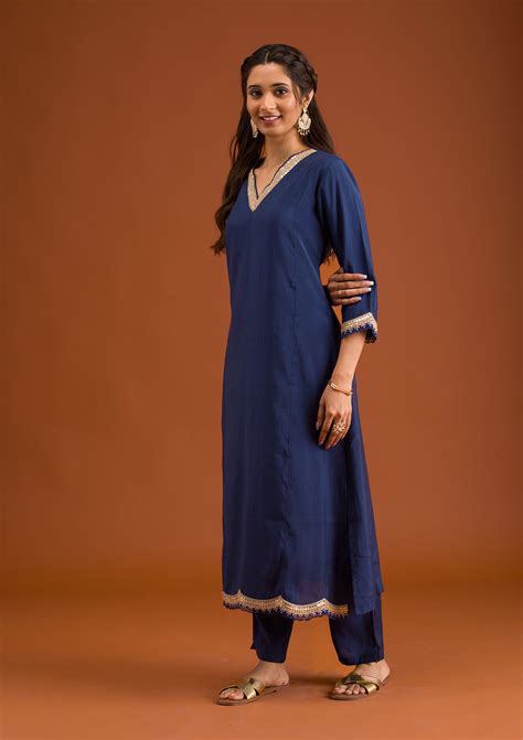 Buy Navy Blue Zariwork Semi Crepe Readymade Salwar Suit - Koskii