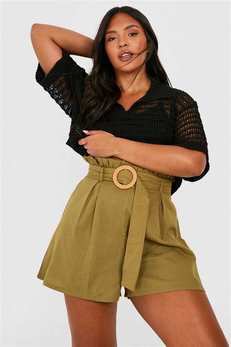 Plus Linen Raffia Buckle Paper Bag Short | boohoo AU