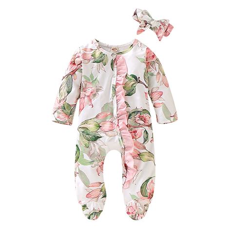Baby Rompers Girl 3-6 Months Ruffle Floral Footed Sleeper Headband Set ...