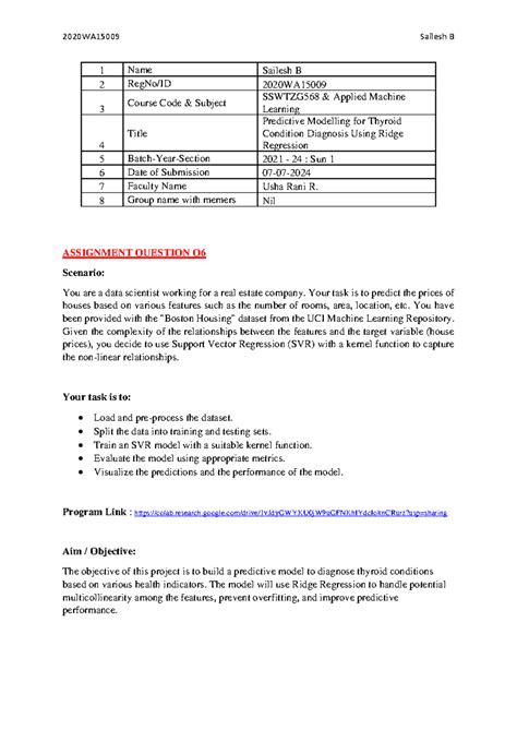 2020WA15009 SSWTZG568 Assignment: Predictive Modelling for Thyroid ...