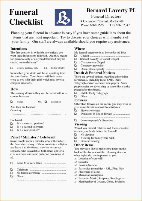 Free Printable Funeral Planning Checklist - Holiday Printable Activities
