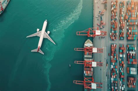 Cargo plane flies over ship port shipping goods | Premium AI-generated ...
