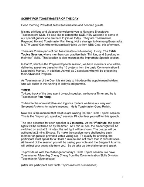 Image result for Toastmaster Role Script