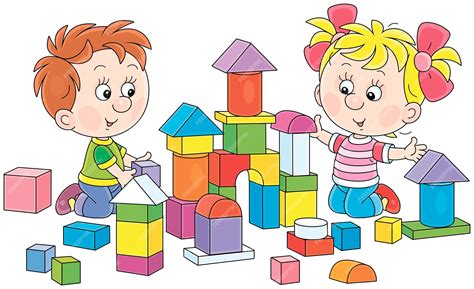 Una niña y un niño felices jugando con bloques de colores y ...