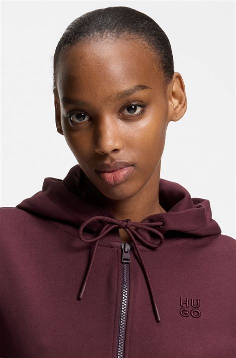 HUGO - Cotton-terry zip-up hoodie with stacked-logo embroidery - Dark Red