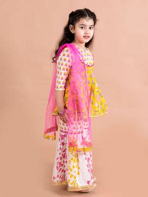 Buy Girls Yellow Floral Cotton Kurti with Sharara & Dupatta