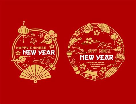 Chinese new year circle designs, hand drawn line style with digital ...
