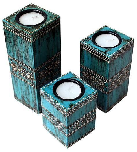 Buy Lamcy Plaza Wooden Tea Candle Holder Antique Blue Finish | Emboss ...