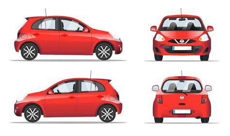 Widok z boku czerwonego samochodu, przód i tył, płaski. | Wektor Premium