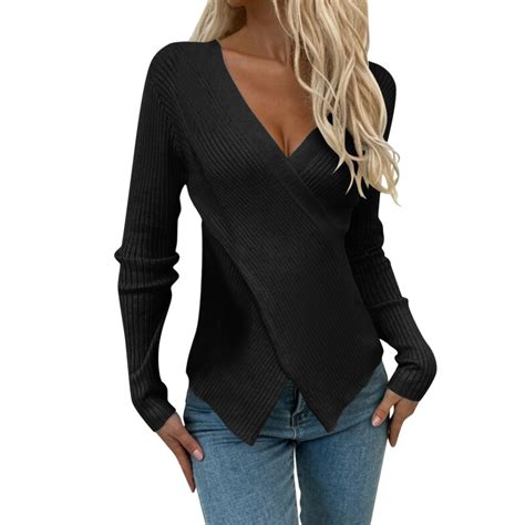 Pxiakgy Women's Deep V Neck Criss Cross Front Wrap Sweaters Long Sleeve ...