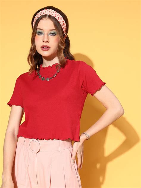 Buy Women Red High Neck Regular Top Online at Sassafras