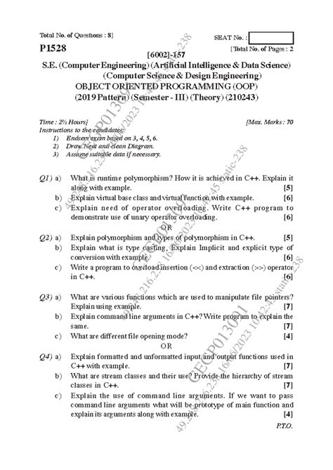 SPPU SE OOP Theory Exam May-Jun 2023 - Ques & Instructions - Studocu