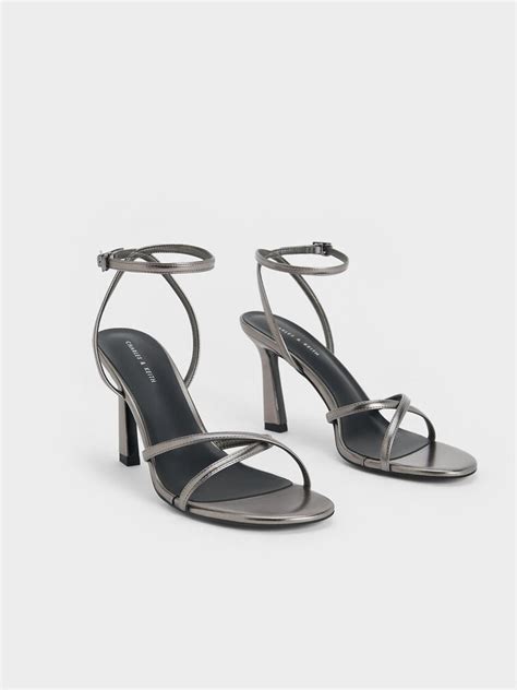 Metallic Crossover-Strap Heeled Sandals - Pewter - CHARLES & KEITH IN