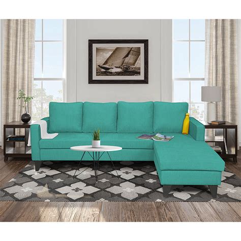 Adorn India Chandler Plain L Shape 5 Seater Sofa Set RHS (Aqua Blue)