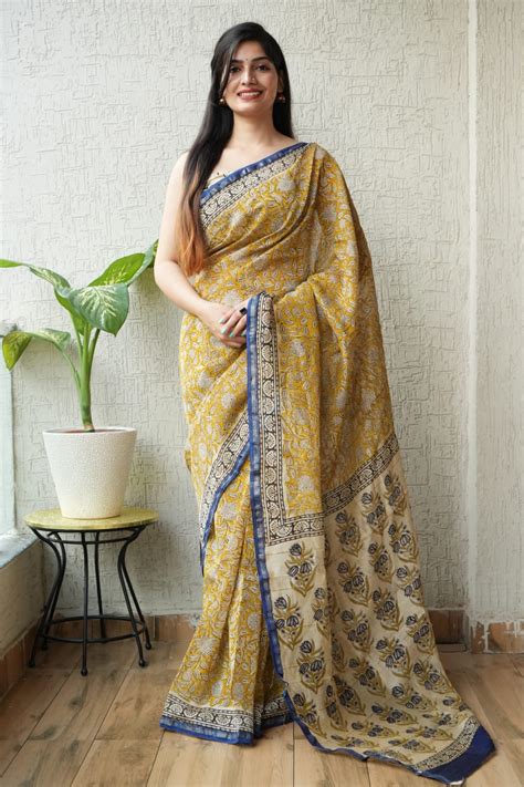 Bagru Hand Block Printed Chanderi Silk Saree with Blouse (CSS10 ...