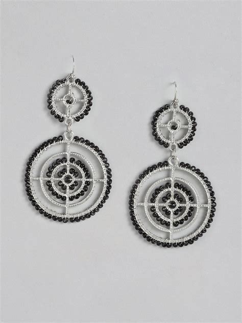 Black & Silver-Toned Circular Drop Earrings – Richeera