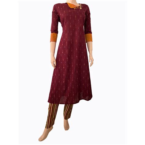 Ikat Cotton A line Kurta with Triangular neck & Wooden Button Details ...