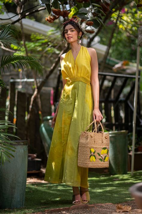 Cotton halter neck tie and dye dress with hand embroidered bead detail ...