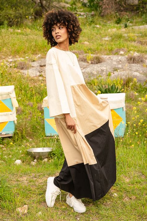 Bone, beige and black color blocked dress