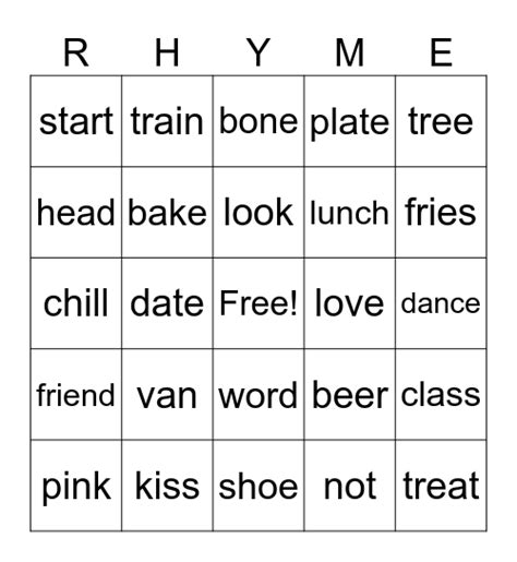 Rhyming Word Bingo Card