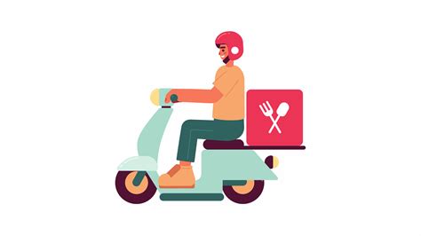Food delivery on moped animation. Meal kit courier driver riding electric scooter isolated 2D ...