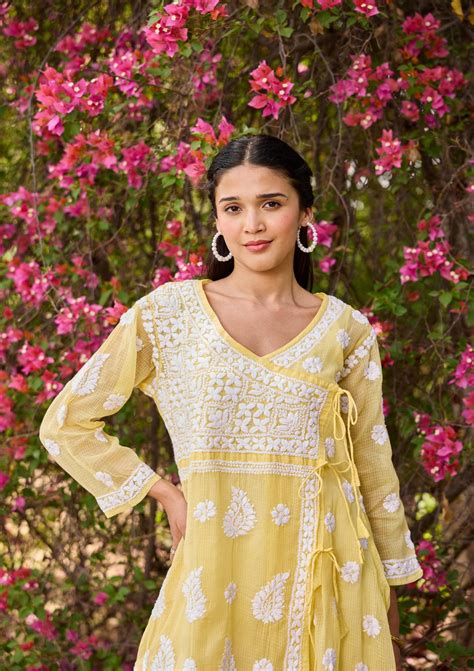 Kota Chikankari Solid Women's Angrakha - Yellow-House of Chikankari