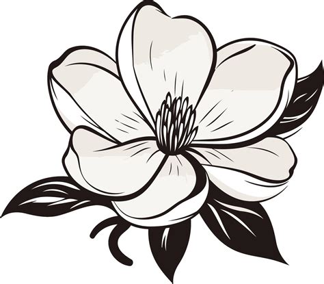 Elegant black and white line art illustration of a single magnolia ...
