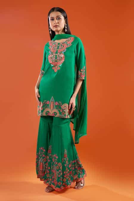 Buy Green Crepe, Silk, Shantoon, Chiffon Embroidery, Printed And Kurta ...