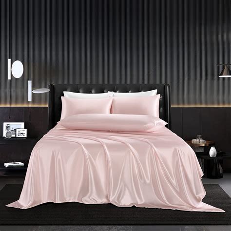 Amazon.com: HommxJF 5Pcs Blush Pink Silk Sheets Queen, Blush Pink Satin ...