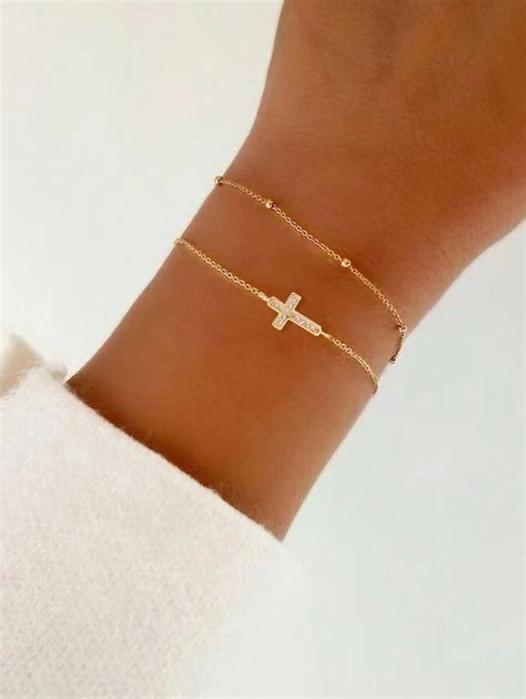 Nooxian 2pcs/Set Multilayer Gold Flat Cross Link Chain Bracelet, Copper ...