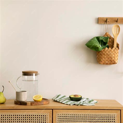Warm and cozy interior design of kitchen space with rattan commode ...