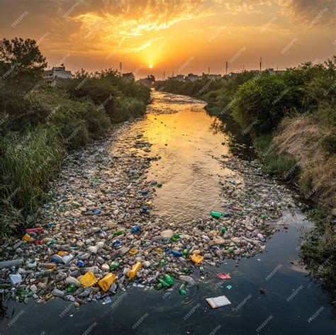 A river filled with plastic waste showing the impact of pollution on ...
