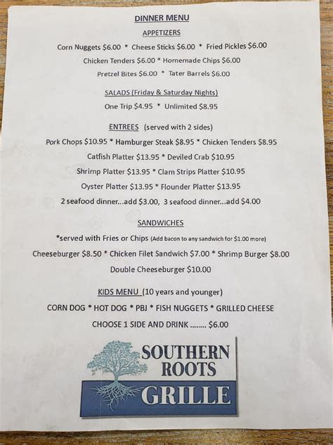 Menu at Southern Roots Grille restaurant, Holly Ridge