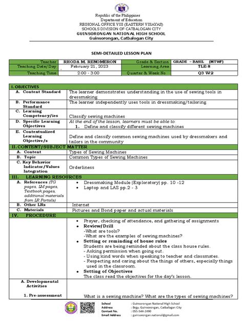 Image result for Sample Lesson Plan Dressmaking