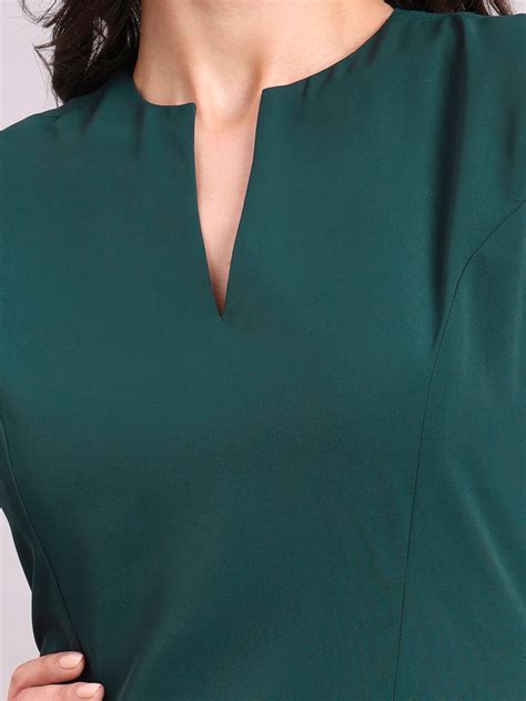 Dark Green Round V-Neck Princess Panel A-Line Stretch Midi Dress