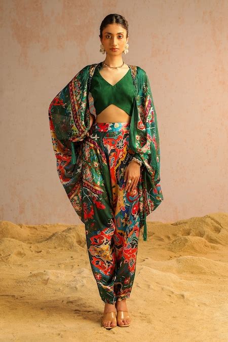 Buy Green Georgette Satin Printed Abstract Motifs Cape Open Neck Harem ...