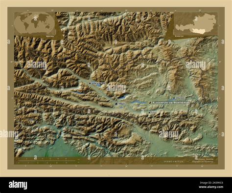 Karnten, state of Austria. Colored elevation map with lakes and rivers. Locations and names of ...
