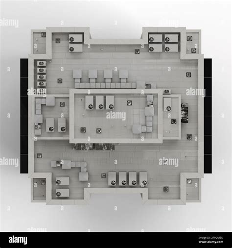 A 3D rendered floor plan of a contemporary office featuring concrete ...