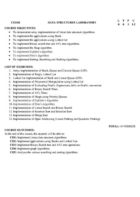 CS3361 Data Structures Laboratory: Comprehensive Lab Manual - Studocu