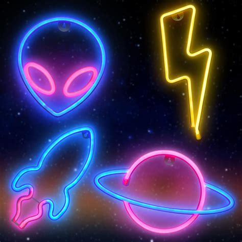Buy BERGANO Space Neon Lights for Bedroom, 4Pcs Alien Planet Rocket ...