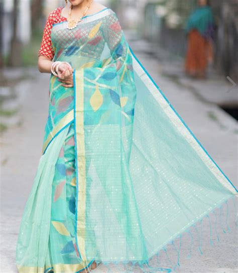 Sky Blue Matka Silk Mark Certified Muslin Jori Border Sequence Jamdani ...