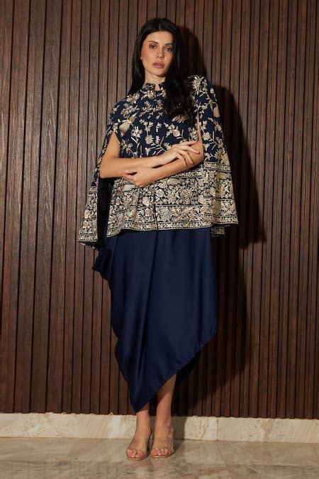 Buy Blue Georgette Embroidery Floral Stand Collar Reyna Cape Jacket ...