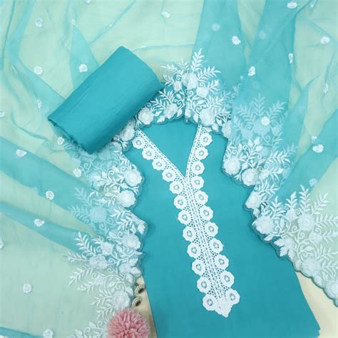 Rooh Teal Blue Lace Work Muslin Suit With Organza Dupatta – Desisandook ...