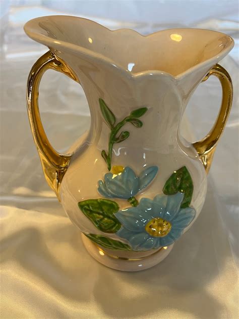 Vintage Hull Art Vase Blie Flower -double Handles -gold Trim-usa-h-9-8 ...