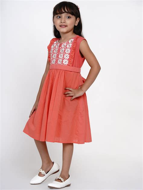Shop Bitiya By Bhama Girls Peach-Coloured Embroidered Fit And Flare ...