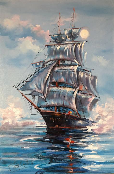 Navy Ship at Sea Painting on Canvas Large Sailing Wall Art Peace Oil Painting Seaside Decor ...