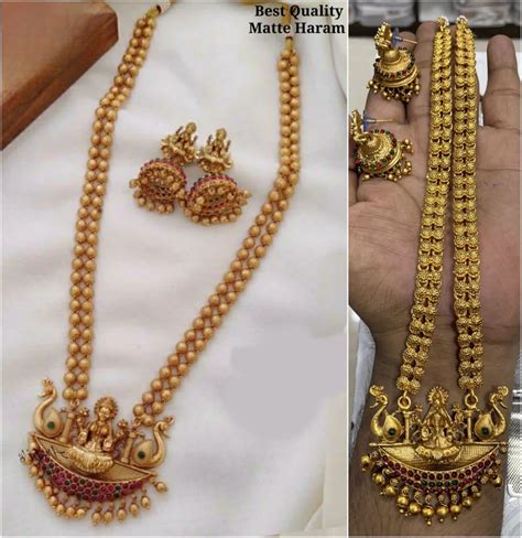 Trendy Matte Temple Jewelry Lakshmi Haram Long Chain Necklace Set with ...